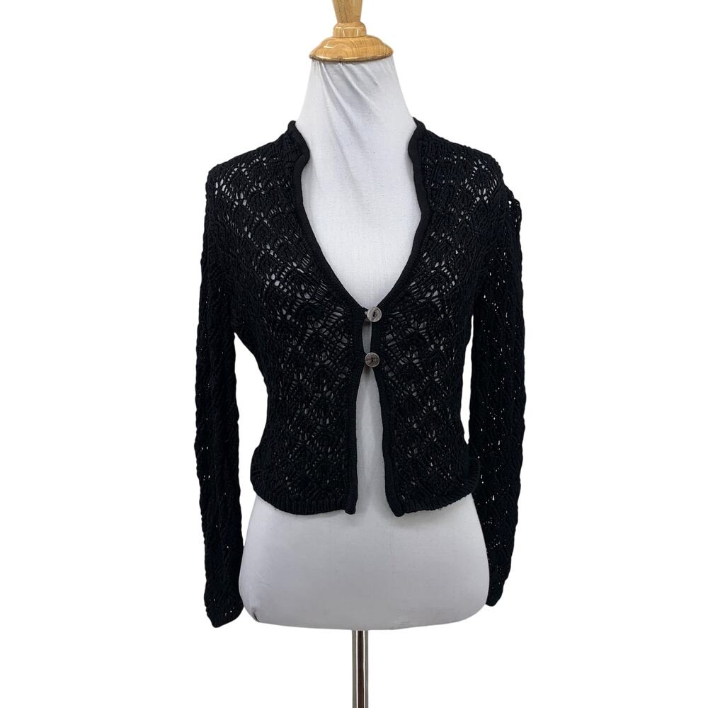 Bryn Walker Cardigan Womens M Medium Black Open Knit Cropped Button Up Sweater